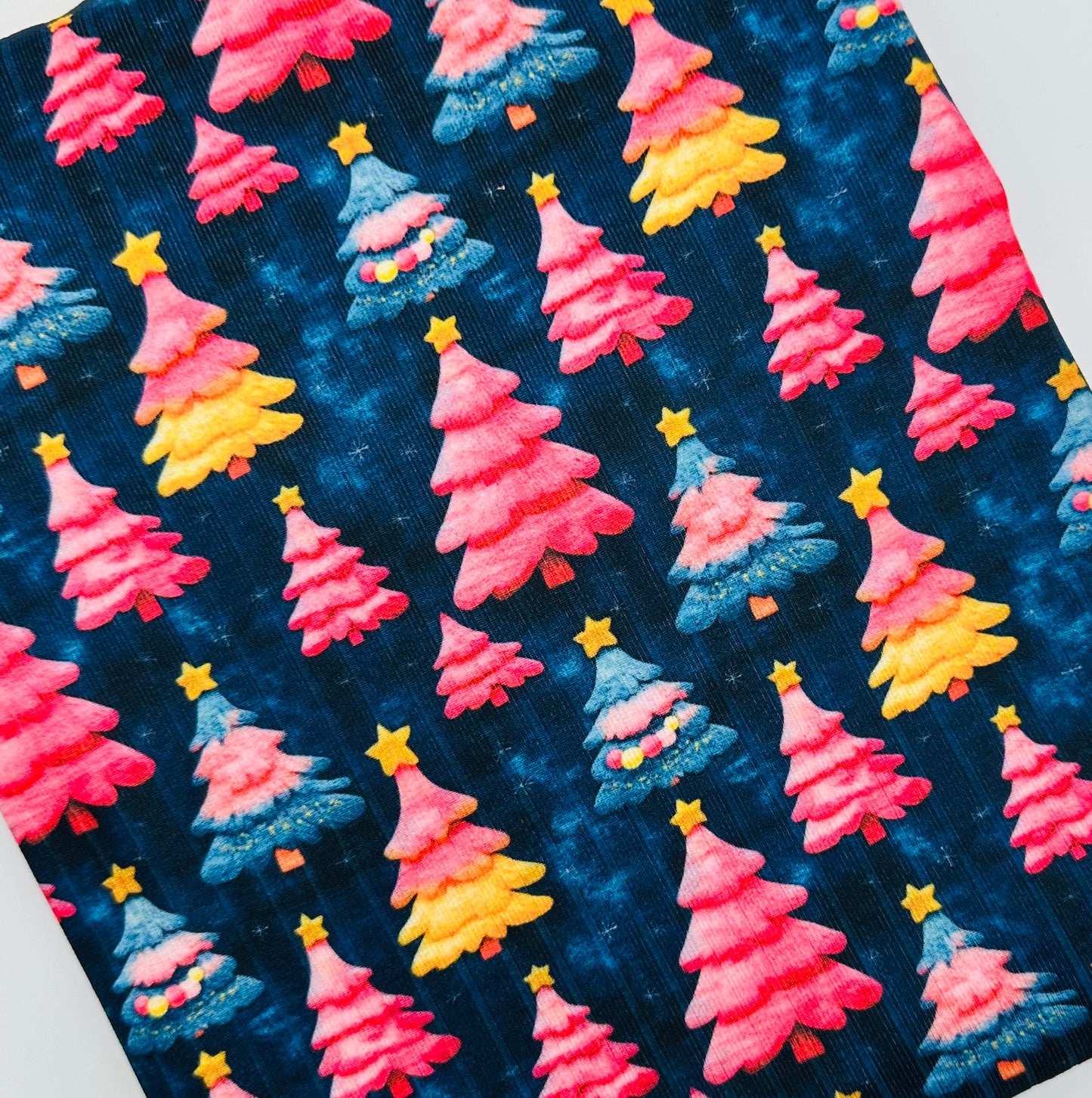 Ready to Ship Wide Rib Knit Navy, Pink, Yellow Christmas Trees makes great bows, head wraps, bummies, and more.
