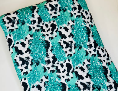 Ready to Ship Bullet fabric Green Faux Glitter Cow Animals Western makes great bows, head wraps, bummies, and more.