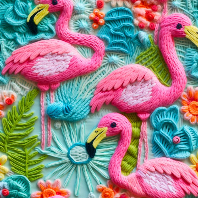 Made to Order Embroidery 3D Floral Flamingo Animal Bullet, DBP, Rib Knit, Cotton Lycra + other fabrics
