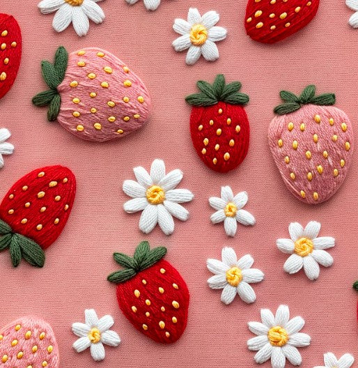 Faux Embroidery Floral Strawberries Bullet, DBP, Rib Knit, Velvet, Cotton Like Knits + other fabrics