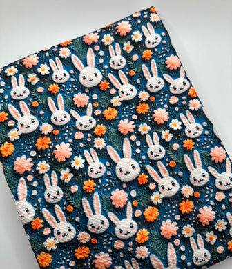 Ready to Ship Bullet Navy Embroidery Floral Easter Bunnies Faux 3D Look makes great bows, head wraps,  bummies, and more.