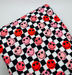Ready to Ship French Terry Retro Plaid Valentine Smiley Girl Face makes great bows, head wraps, bummies, and more.