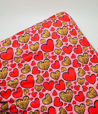 Ready to Ship Velvet Hot Pink w/Faux Gold Valentine Hearts Shapes makes great bows, head wraps, bummies, and more.