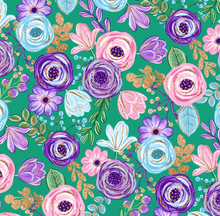 Load image into Gallery viewer, Ready to Ship Rib Knit Pink Purple Blue Poppies w/Green Floral makes great bows, head wraps, bummies, and more.