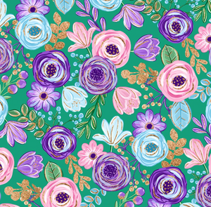 Ready to Ship Rib Knit Pink Purple Blue Poppies w/Green Floral makes great bows, head wraps, bummies, and more.