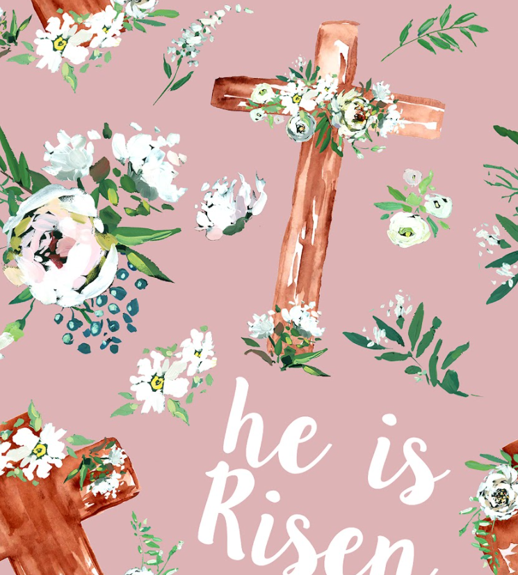 He is Risen Easter Floral Christian Cross Bullet, DBP, Rib Knit, Velvet, Cotton Like Knits + other fabrics