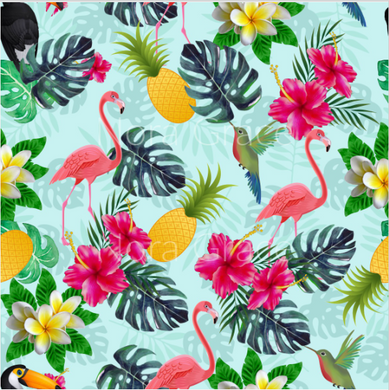 Pre-Order Hawaiian Tropical Flamingo Floral Animals Bullet, DBP, Rib Knit, Cotton Lycra + other fabrics