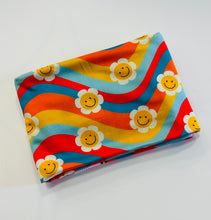 Load image into Gallery viewer, Ready to Ship Swim fabric Retro Striped Smiley Face Floral Girl Print makes great bows, head wraps, bummies, and more.