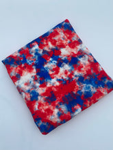 Load image into Gallery viewer, Pre-Order Bullet, DBP, Velvet and Rib Knit fabric Fourth of July Patriotic Smoky Paint Splat makes great bows, head wraps, bummies, and more.