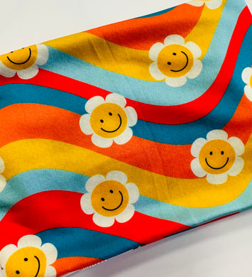 Ready to Ship Swim fabric Retro Striped Smiley Face Floral Girl Print makes great bows, head wraps, bummies, and more.