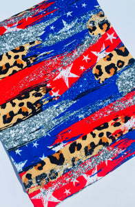 Pre-Order Fourth of July Faux Glitter Cheetah Animal Brushstrokes Bullet, DBP, Rib Knit, Cotton Lycra + other fabrics