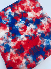 Load image into Gallery viewer, Pre-Order Bullet, DBP, Velvet and Rib Knit fabric Fourth of July Patriotic Smoky Paint Splat makes great bows, head wraps, bummies, and more.