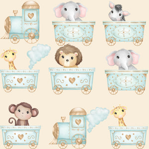 Pre-Order Cute Circus Train Animals Baby Print Bullet, DBP, Rib Knit, Cotton Lycra + other fabrics