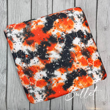 Load image into Gallery viewer, Pre-Order Bullet, DBP, Velvet and Rib Knit Halloween Orange Black Paint Splat makes great bows, head wraps, bummies, and more.