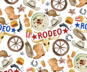 Pre-Order Rodeo Time w/White Western Bullet, DBP, Rib Knit, Cotton Lycra + other fabrics
