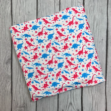 Load image into Gallery viewer, Pre-Order Bullet, DBP, Velvet and Rib Knit fabric Fourth of July Dinosaurs Animals makes great bows, head wraps, bummies, and more.