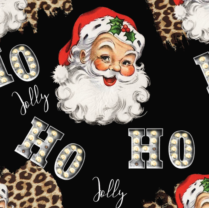 Ready to Ship Rib Knit fabric Santa's Cheetah HoHo Christmas makes great bows, head wraps, bummies, and more.