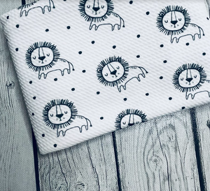 Pre-Order White Polka Dot Lion Animals Boy Print Bullet, DBP, Rib Knit, Cotton Lycra + other fabrics