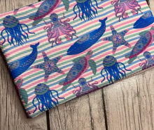 Load image into Gallery viewer, Pre-Order Striped Under the Sea Creatures Animals Bullet, DBP, Rib Knit, Cotton Lycra + other fabrics