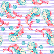 Load image into Gallery viewer, Pre-Order Striped Mermaid Bubbles Animals Bullet, DBP, Rib Knit, Cotton Lycra + other fabrics