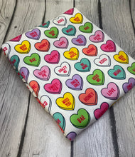 Load image into Gallery viewer, Pre-Order Bullet, DBP, Velvet and Rib Knit fabric Conversation Hearts Valentine Food Shapes makes great bows, head wraps, bummies, and more.