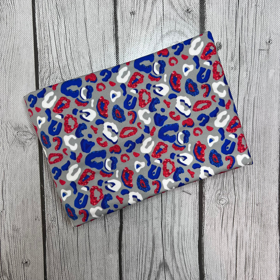 Pre-Order Bullet, DBP, Velvet and Rib Knit fabric Leopard Fourth of July Animals makes great bows, head wraps, bummies, and more.