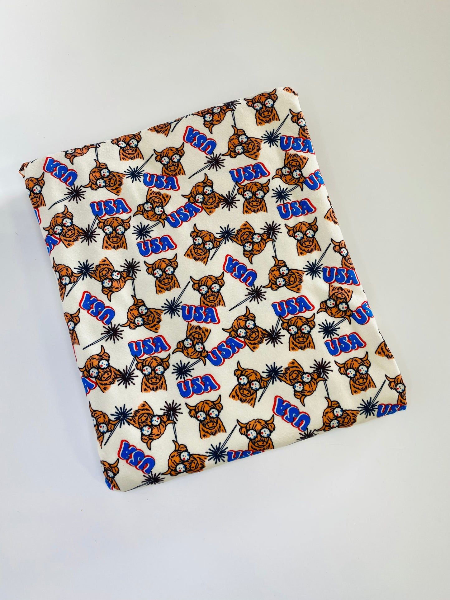 Ready to Ship DBP Fabric Fourth of July Highland Cow Animals makes great bows, head wraps, bummies, and more.