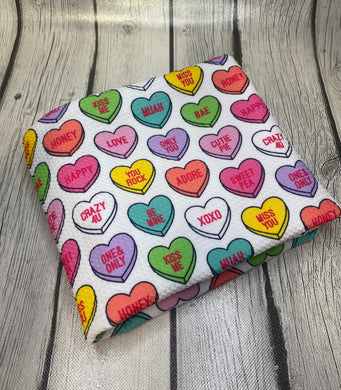 Pre-Order Bullet, DBP, Velvet and Rib Knit fabric Conversation Hearts Valentine Food Shapes makes great bows, head wraps, bummies, and more.