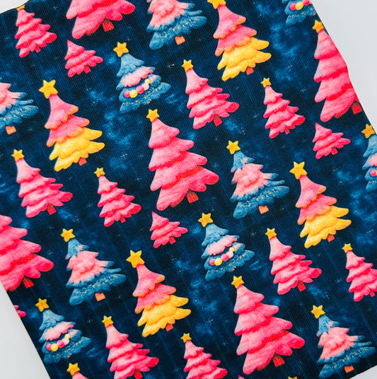 Ready to Ship Wide Rib Knit Navy, Pink, Yellow Christmas Trees makes great bows, head wraps,  bummies, and more.