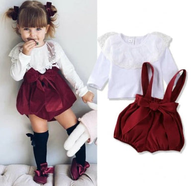 2-Piece Cranberry Romper w/White Blouse