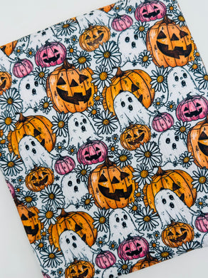 Ready to Ship Rib Knit Daisy Floral Fall Pumpkins & Ghost Halloween makes great bows, head wraps,  bummies, and more.