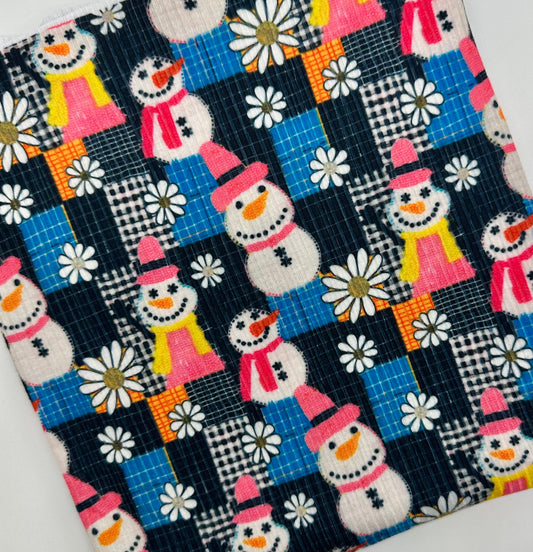 Ready to Ship Rib Knit Patchwork Floral Snowman Christmas makes great bows, head wraps,  bummies, and more.