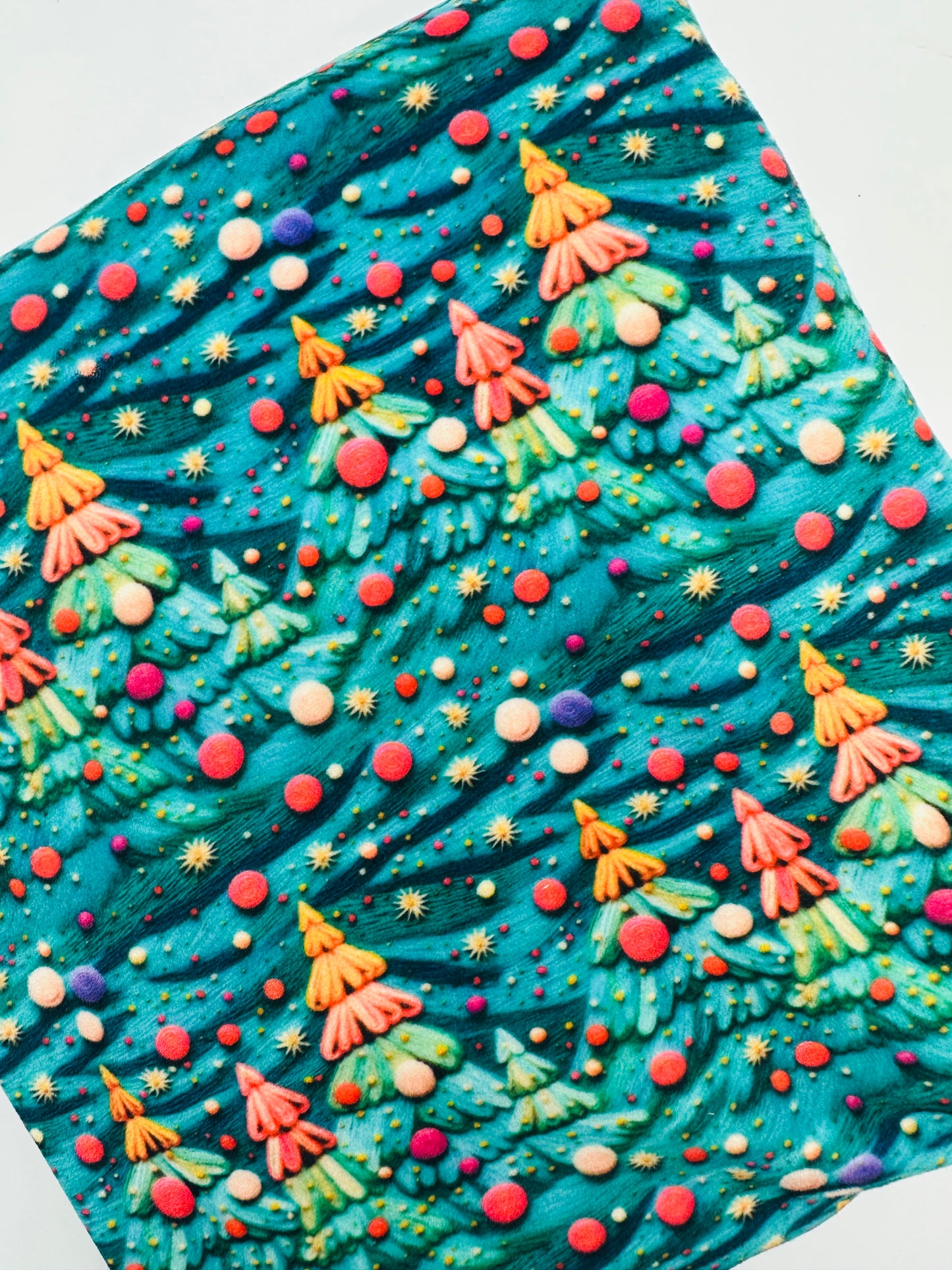Ready To Ship Velvet knit fabric Multi Colored Snow Christmas Trees makes great bows, head wraps, bummies, and more.