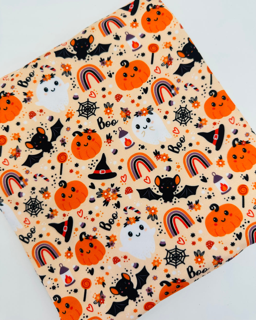 Ready To Ship Velvet knit fabric Boho Halloween Boo Rainbow Fall Season makes great bows, head wraps, bummies, and more.