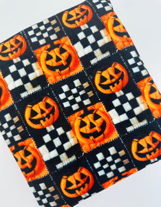 Ready To Ship Velvet knit fabric Black & White Gingham Plaid Halloween Pumpkin makes great bows, head wraps, bummies, and more.