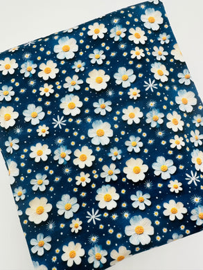 Ready to Ship French Terry 3D Daisy Midnight Summer Floral makes great bows, head wraps, bummies, and more.