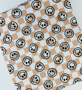 Ready to Ship French Terry Retro Tan Cream Plaid Shapes Smiley Faces Boy makes great bows, head wraps, bummies, and more.