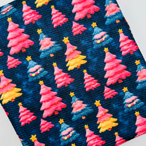 Navy, Pink, Yellow Christmas Trees Bullet, DBP, Rib Knit, Velvet, Cotton Like Knits + other fabrics