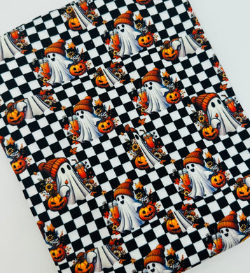 Ready to Ship French Terry Chilling Halloween Checkered Floral Ghost makes great bows, head wraps, bummies, and more.