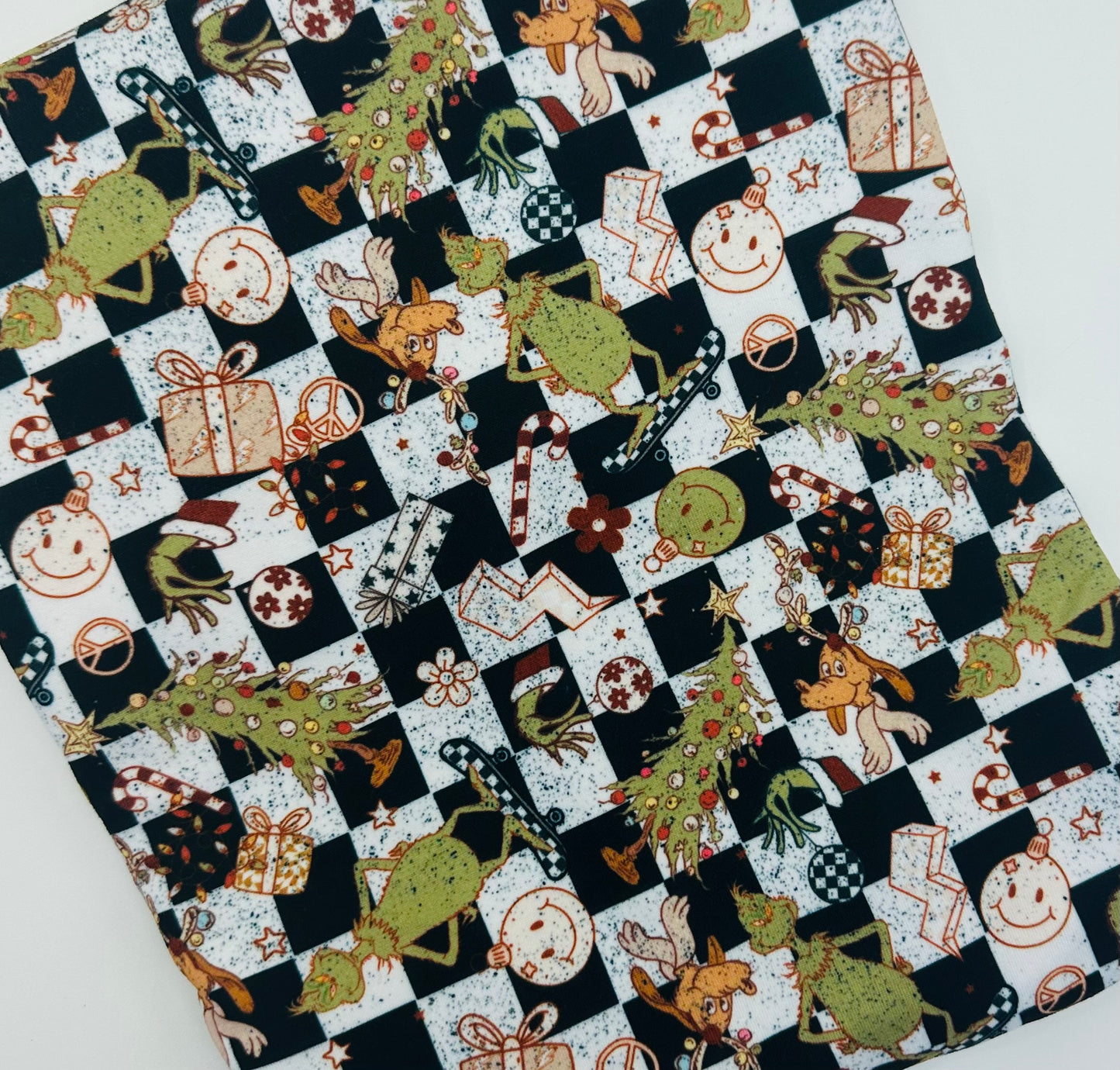 Ready to Ship DBP Retro Grinch Christmas Character Black/White Checkered makes great bows, head wraps, bummies, and more.
