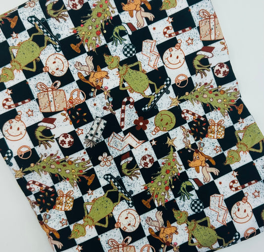 Ready to Ship DBP Retro Grinch Christmas Character Black/White Checkered makes great bows, head wraps, bummies, and more.