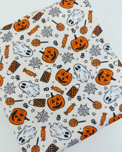 Ready To Ship Velvet knit fabric Trick or Treat Halloween Treats makes great bows, head wraps, bummies, and more.