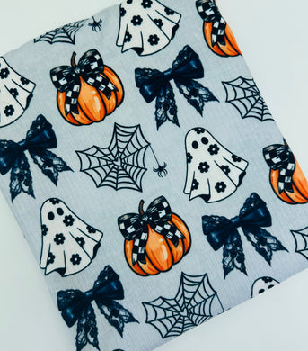 Ready to Ship Rib Knit Fancy Boujee Gingham Pumpkin and Floral Ghost makes great bows, head wraps,  bummies, and more.