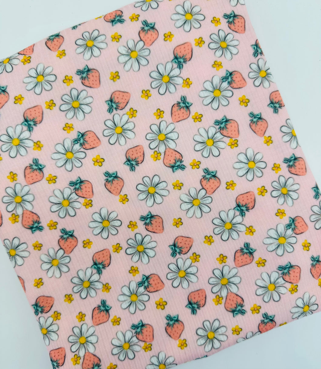 Ready to Ship Rib Knit Summer Retro Strawberry Daisy Floral Food makes great bows, head wraps,  bummies, and more.