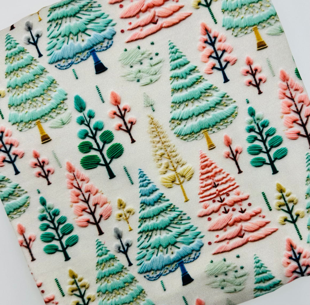 Pastel Faux Embroidery Christmas Trees Bullet, DBP, Rib Knit, Velvet, Cotton Like Knits + other fabrics