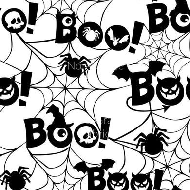 Pre-Order Black and White Halloween Boo Ghost & Spiderweb Bullet, DBP, Rib Knit, Cotton Lycra + other fabrics