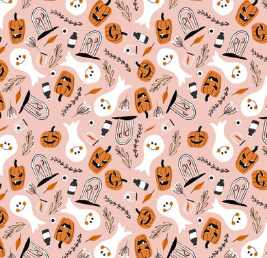 Made to Order Pink Boho RIP Halloween Ghost and Floral Pumpkins Bullet, DBP, Rib Knit + other fabrics