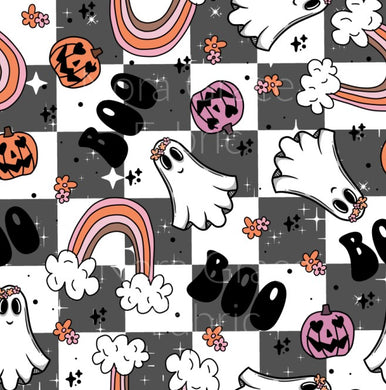 Pre-Order Checkered Plaid Boo Halloween Ghost Bullet, DBP, Rib Knit, Cotton Lycra + other fabrics