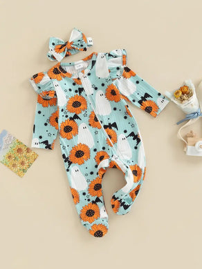 Floral Ghost Romper w/Matching Bow-