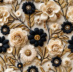 Faux 3D Black and Golden Floral Bullet, DBP, Rib Knit, Velvet, Cotton Like Knits + other fabrics